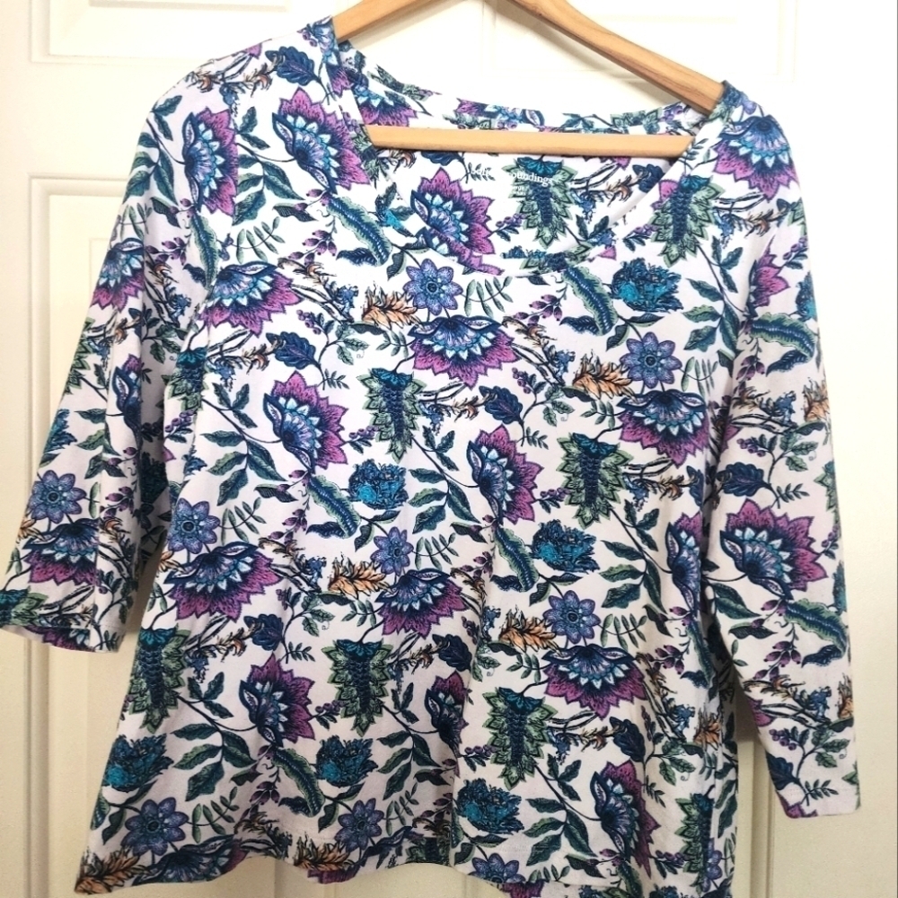 Soft surroundings soft essential supima tee floral print size petite large